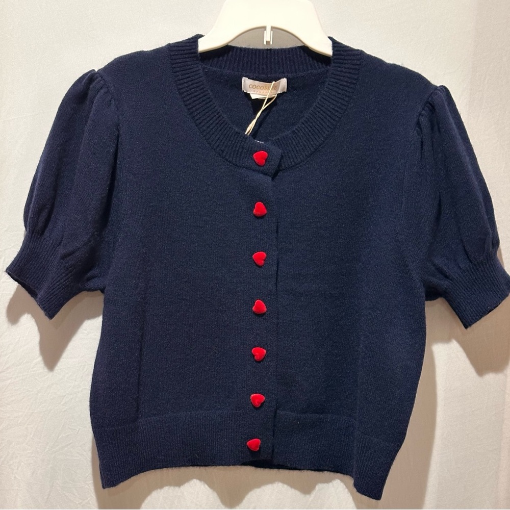 Cocobleu Navy Blue Cardigan Sweater With Red Heart Buttons - Size L
